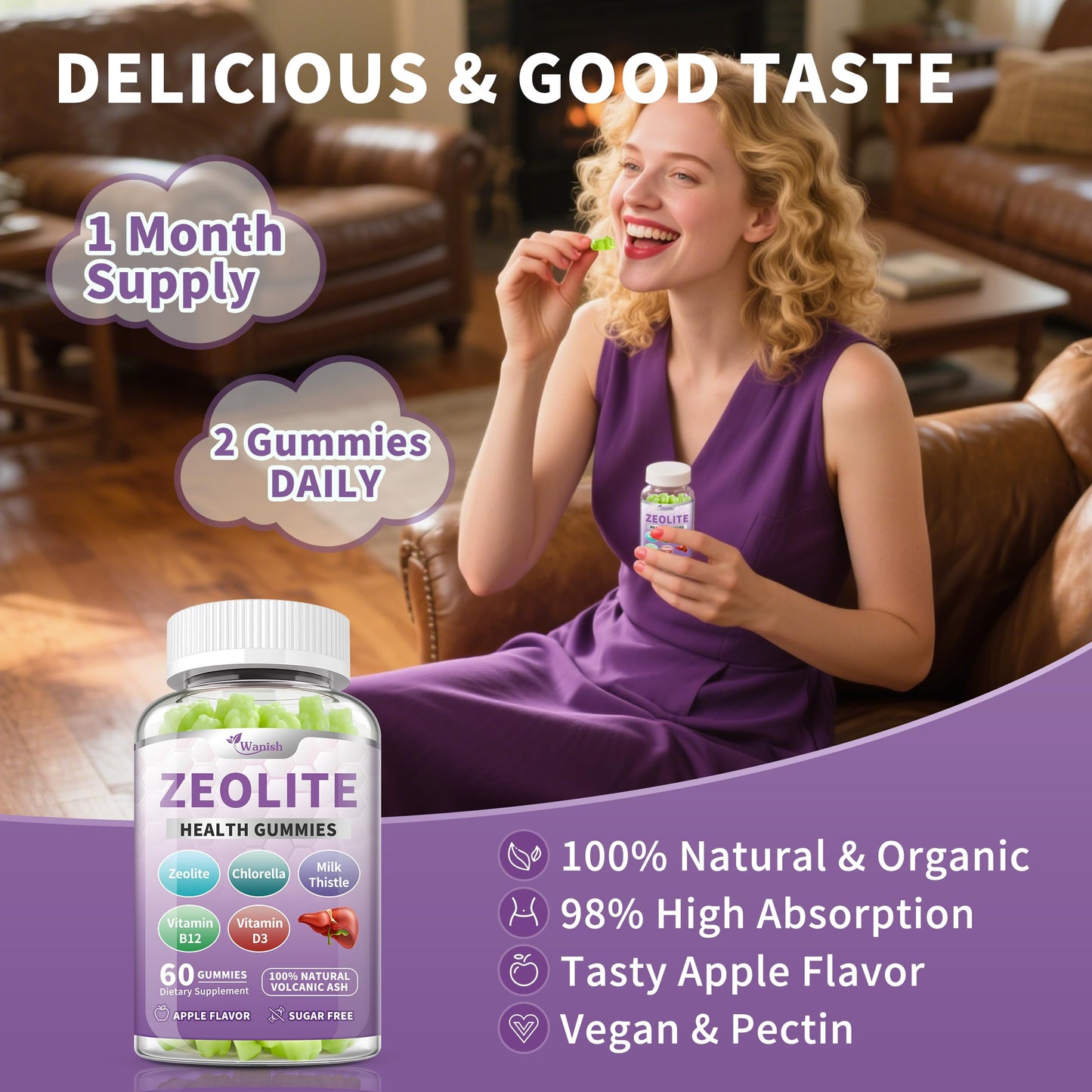 Zeolite Gummies for Adults - Immune, Gut & Liver Support | Vegan, Non-GMO, Sugar-Free Apple Flavor | 60 Count