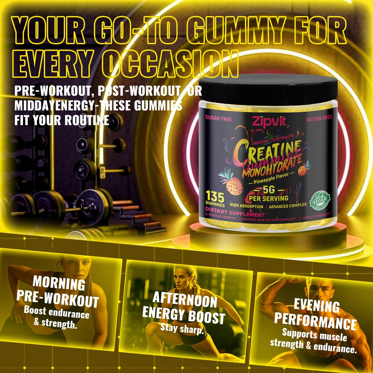 Zipvit Creatine Monohydrate Gummies (5g) – Pre-Workout Energy & Muscle Support for Men & Women (135 Count)