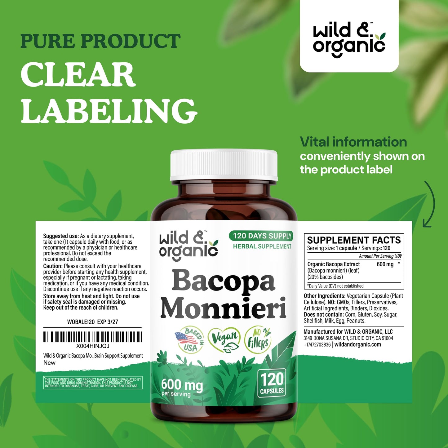 Wild & Organic Bacopa Monnieri Capsules 600 mg | Brain Support | 120-Count | Vegan