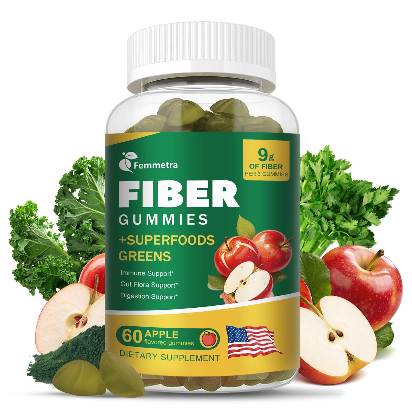 13-in-1 Prebiotic Fiber Gummies for Adults – Greens Blend, Inulin & ACV, Sugar Free Apple Flavor | 60 Vegan Gummies