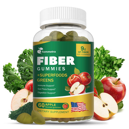 13-in-1 Prebiotic Fiber Gummies for Adults – Greens Blend, Inulin & ACV, Sugar Free Apple Flavor | 60 Vegan Gummies