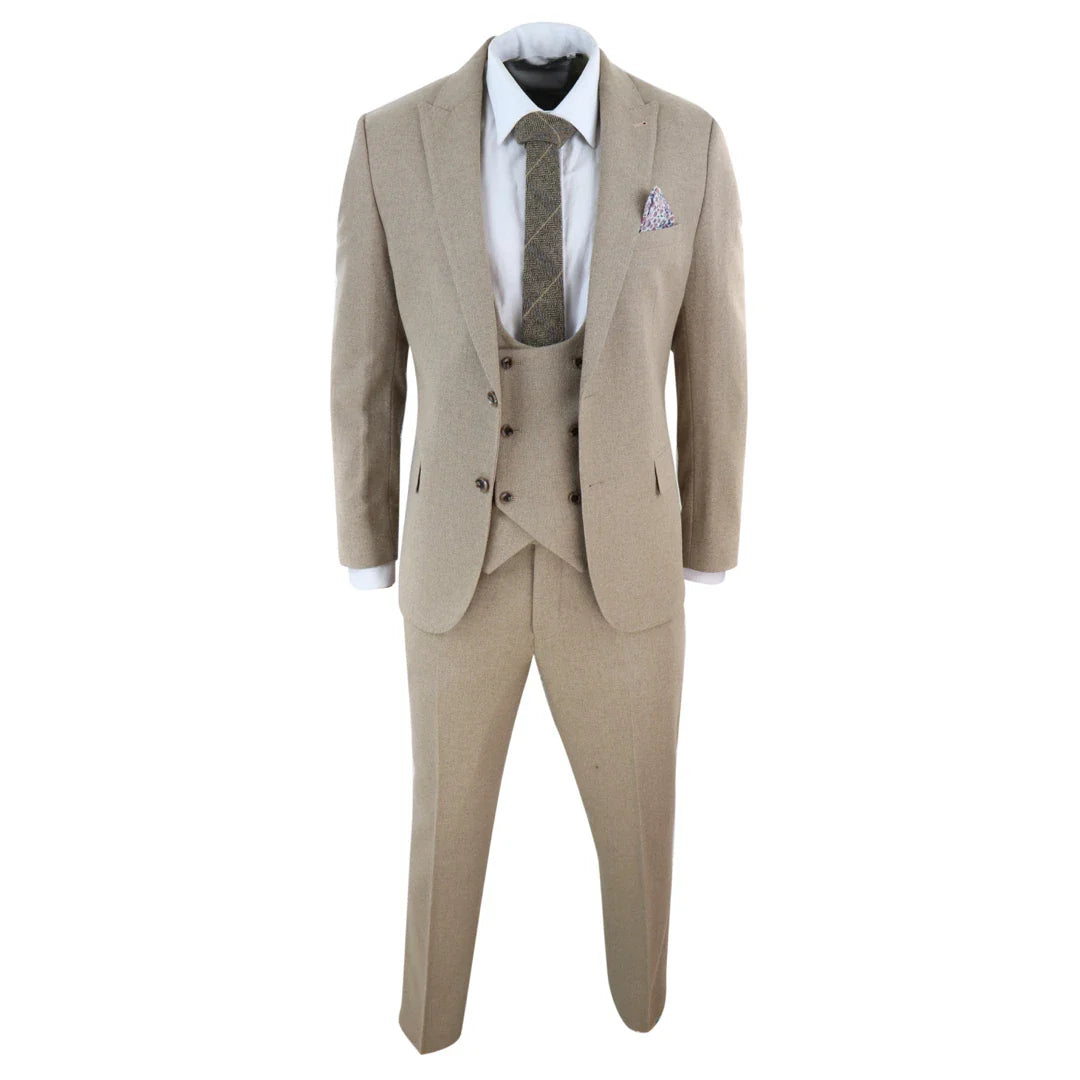 AK-23 - Men Tweed 3 Piece Suit Tan Oak Double Breasted Wedding