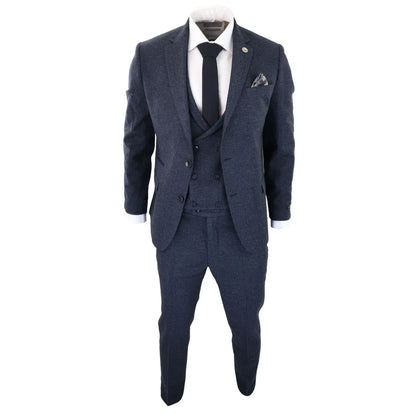 WS25 - Men's 3 Piece Tweed Suit Blue Double Breasted Waistcoat