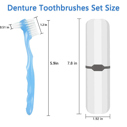 2-Piece Denture Cleaning Brush Set - Multi-Layered Bristles, Ergonomic Handle, Travel Case