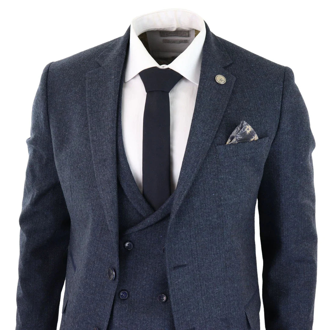 WS25 - Men's 3 Piece Tweed Suit Blue Double Breasted Waistcoat