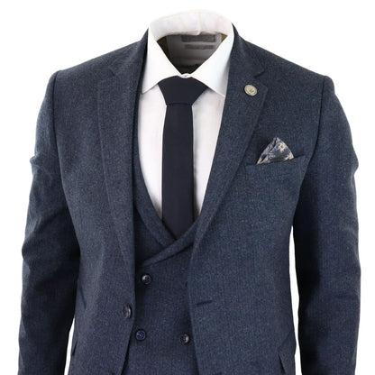 WS25 - Men's 3 Piece Tweed Suit Blue Double Breasted Waistcoat