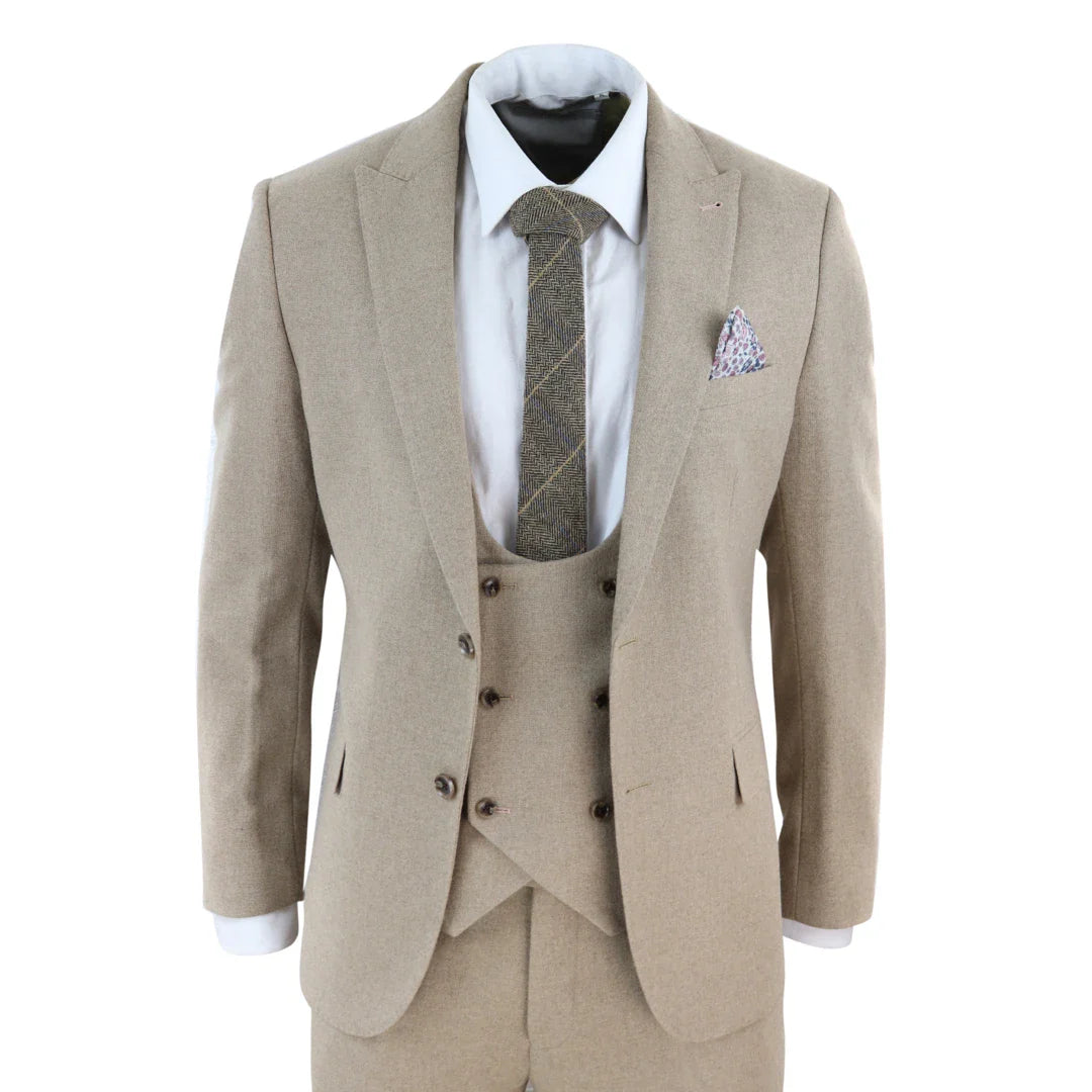AK-23 - Men Tweed 3 Piece Suit Tan Oak Double Breasted Wedding