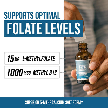 L-Methyl Folate 15mg + Methyl B12 Cofactor – Organic Berry Flavor, High Potency Liquid Sublingual 5-MTHF Calcium Salt | Supports Mood, Methylation & Cognition (1oz)