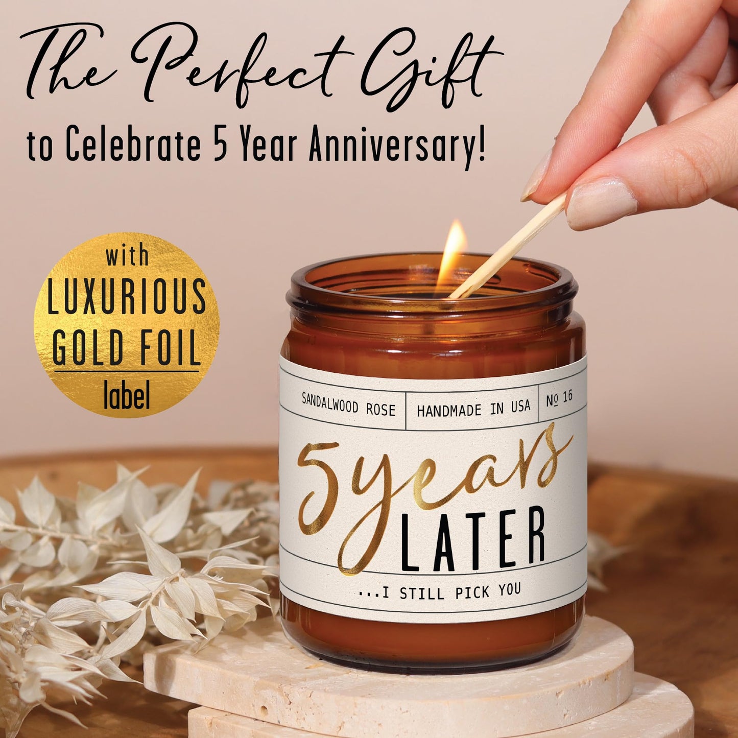 5 Year Anniversary Gift for Her — '5 Years Later' Soy Candle, Sandalwood Rose | 50Hr Burn | USA Made