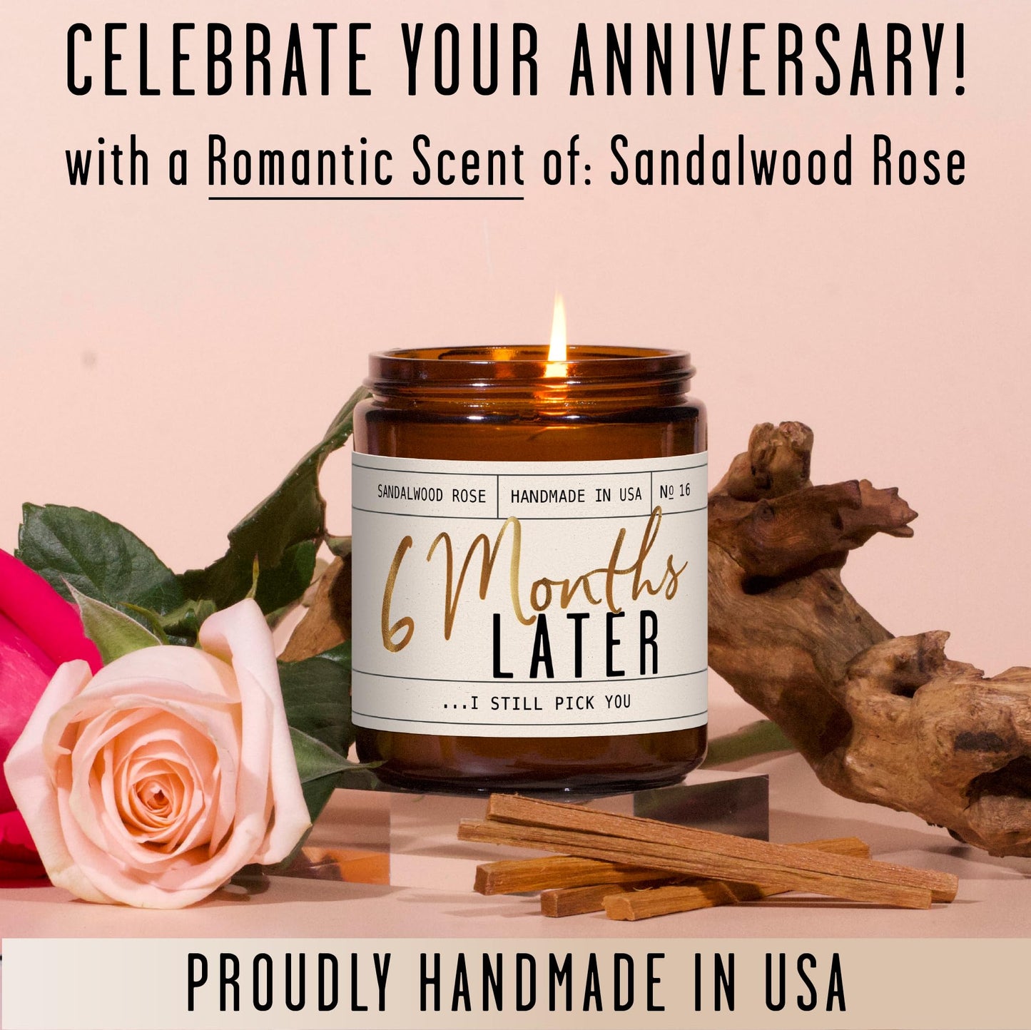 6 Month Anniversary Gift for Girlfriend - Sandalwood Rose Soy Candle, 9oz, USA Made