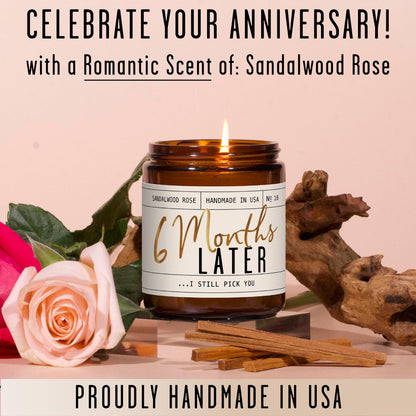 6 Month Anniversary Gift for Girlfriend - Sandalwood Rose Soy Candle, 9oz, USA Made