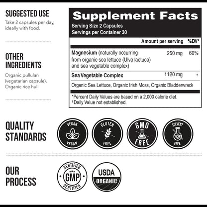 Organic Whole Food Magnesium Supplement - Plant-Based Sea Vegetable Complex, 250 mg per Serving | 60 Capsules