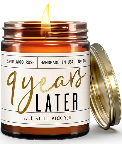 9 Year Anniversary Gift for Her — 9 Years Later Soy Candle, Sandalwood Rose, USA Made