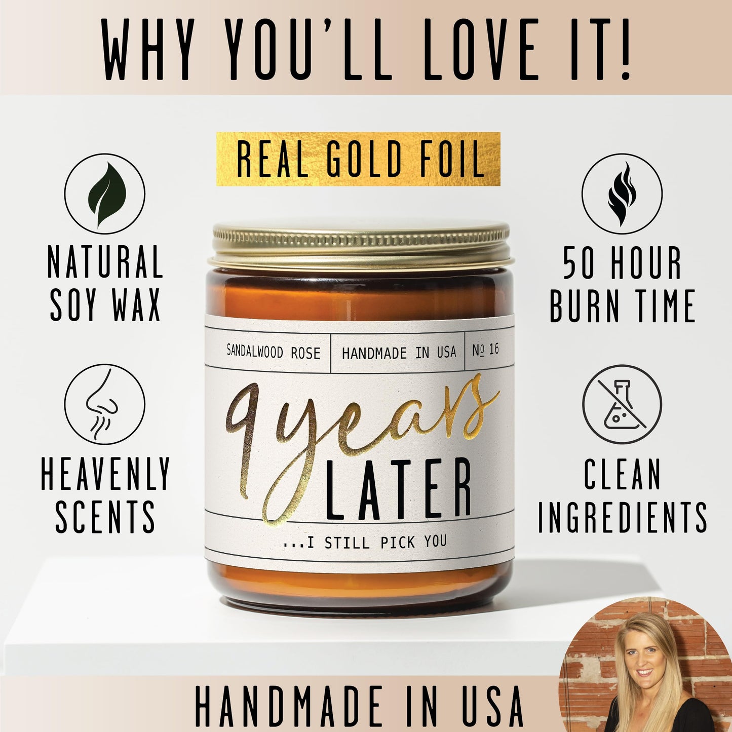 9 Year Anniversary Gift for Her — 9 Years Later Soy Candle, Sandalwood Rose, USA Made