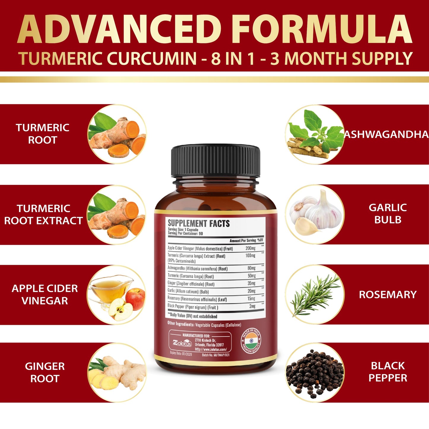 7 in 1 Turmeric Curcumin + Apple Cider Vinegar Capsules – 3 Month Supply