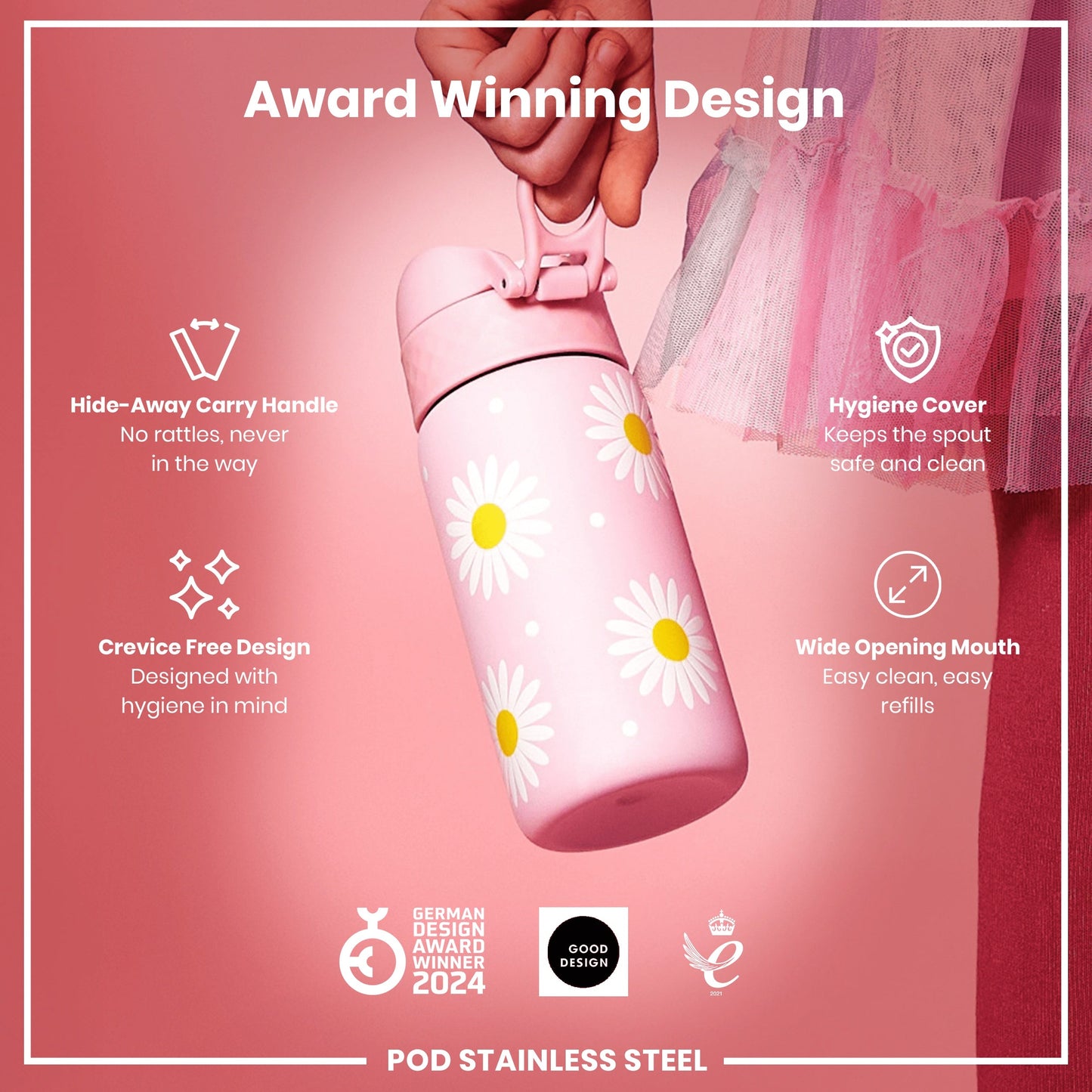 Leak Proof Kids Water Bottle, Stainless Steel, Daisies, 400ml (13oz)