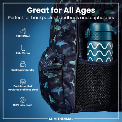 Leak Proof Slim Thermal Water Bottle, Insulated Steel, Wave, 500ml (17oz)