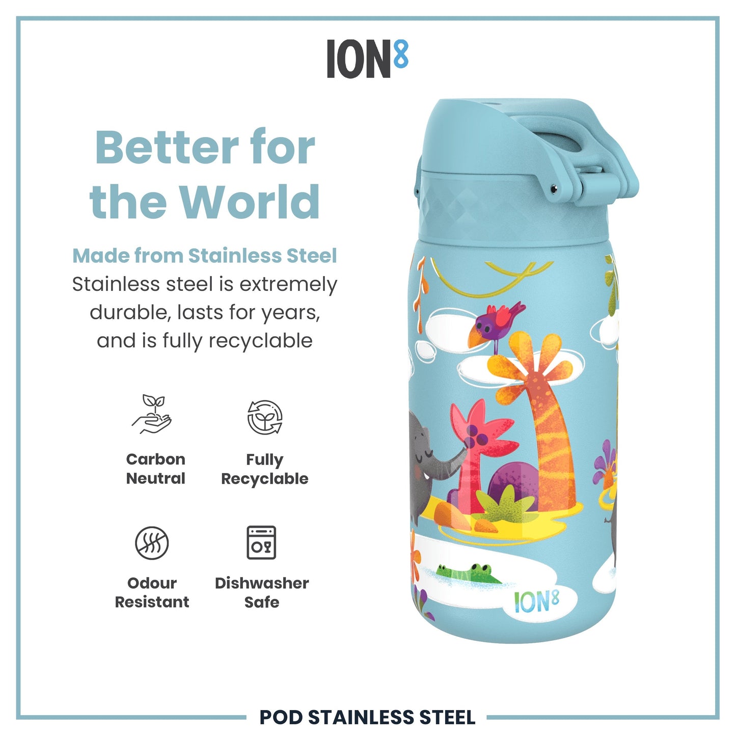 Leak Proof Kids Water Bottle, Stainless Steel, Safari, 400ml (13oz)
