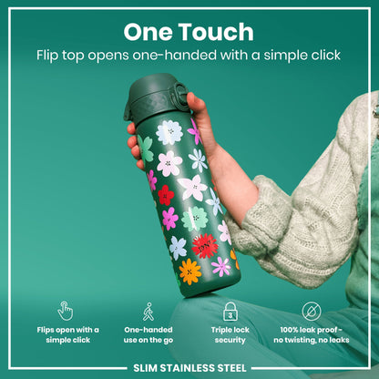 Leak Proof Slim Water Bottle, Stainless Steel, Floral, 600ml (20oz)