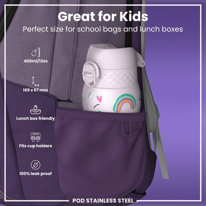 Leak Proof Kids Water Bottle, Stainless Steel, Unicorns, 400ml (13oz)