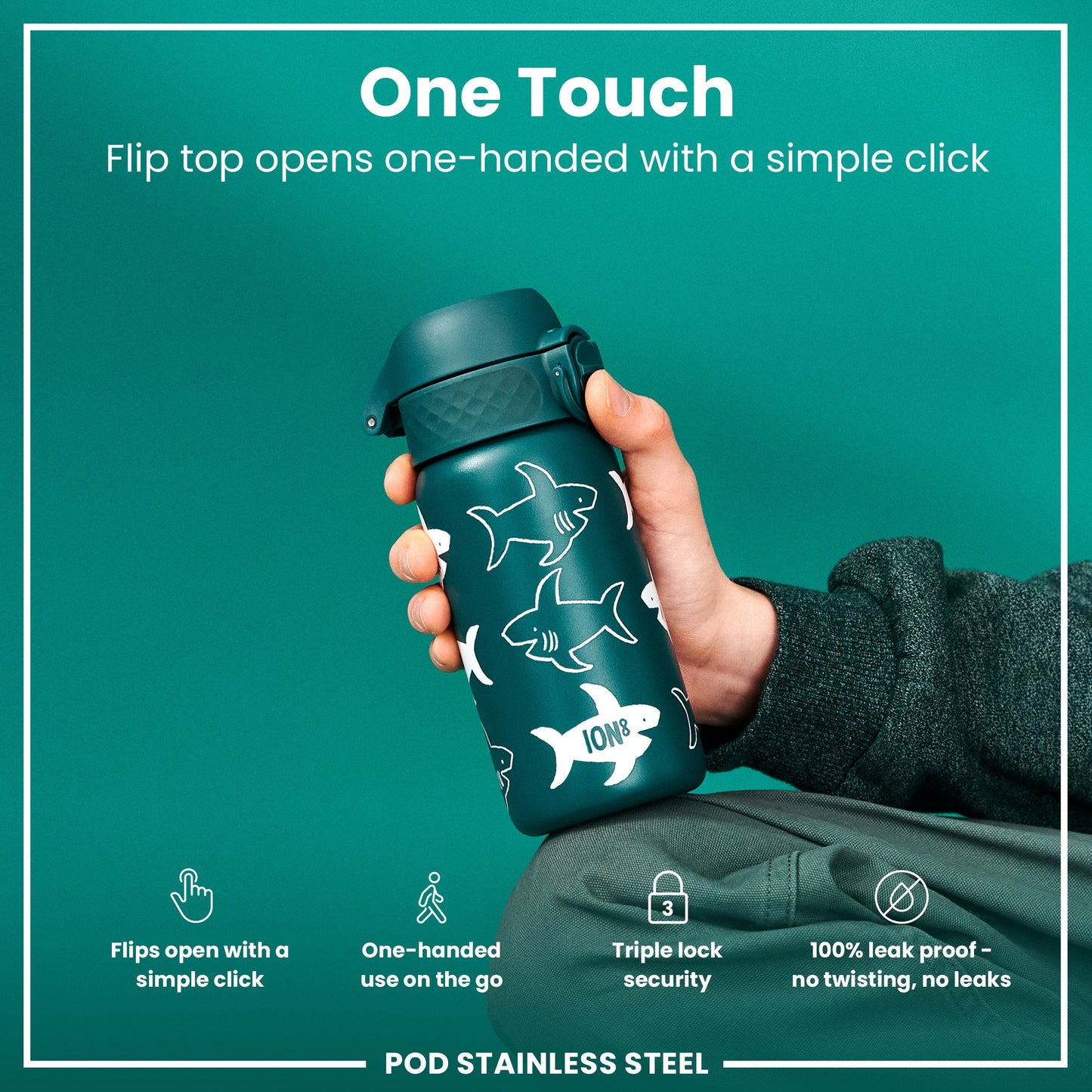 Leak Proof Thermal Steel Water Bottle, Insulated, Sharks, 320ml (11oz)