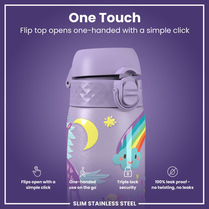 Leak Proof Slim Water Bottle, Stainless Steel, Purple Unicorns, 600ml (20oz)