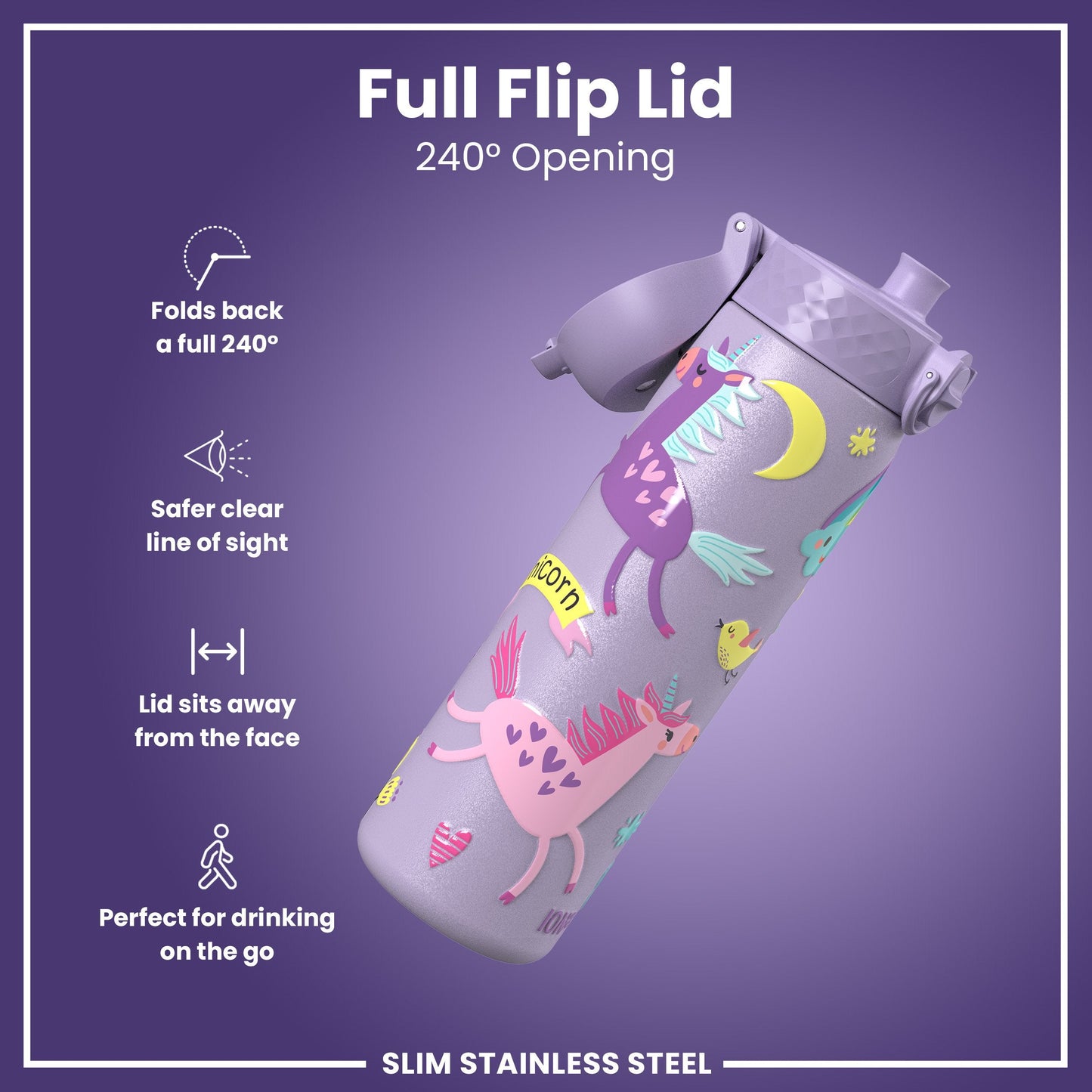 Leak Proof Slim Water Bottle, Stainless Steel, Purple Unicorns, 600ml (20oz)