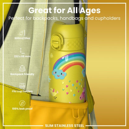 Leak Proof Slim Water Bottle, Stainless Steel, Yellow Unicorns, 600ml (20oz)