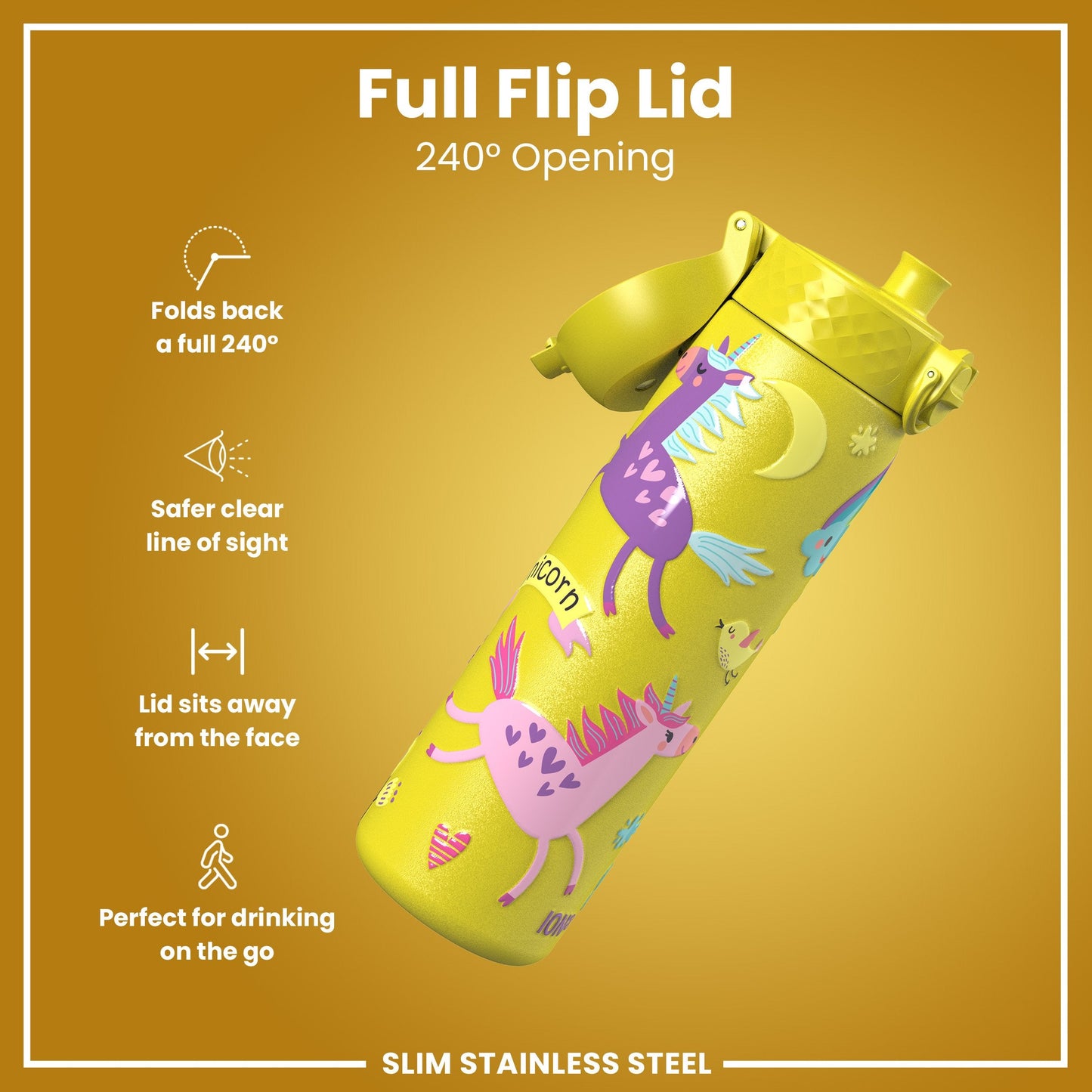 Leak Proof Slim Water Bottle, Stainless Steel, Yellow Unicorns, 600ml (20oz)