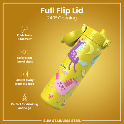 Leak Proof Slim Water Bottle, Stainless Steel, Yellow Unicorns, 600ml (20oz)