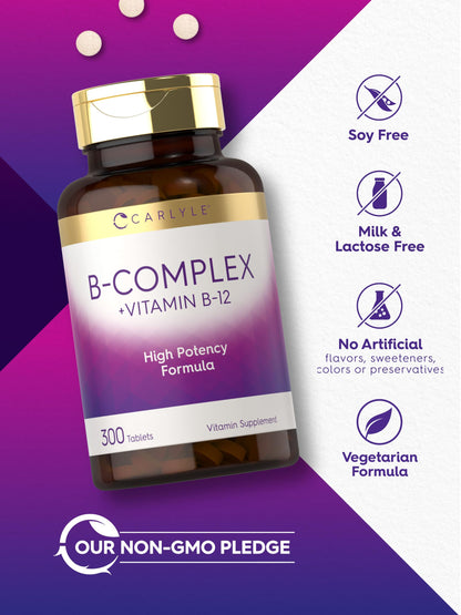Carlyle B-Complex with B12 - 300 Tablets | High Potency, Vegetarian, Non-GMO