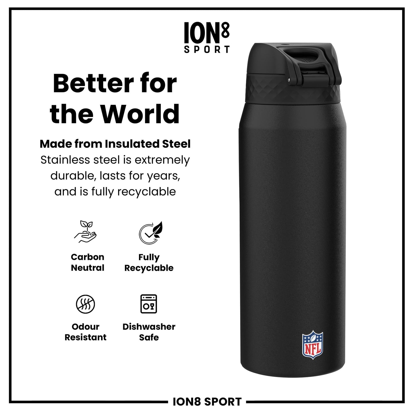 NFL x ION8 Insulated Steel Water Bottle, NFL Patriots, 750ml (24oz)