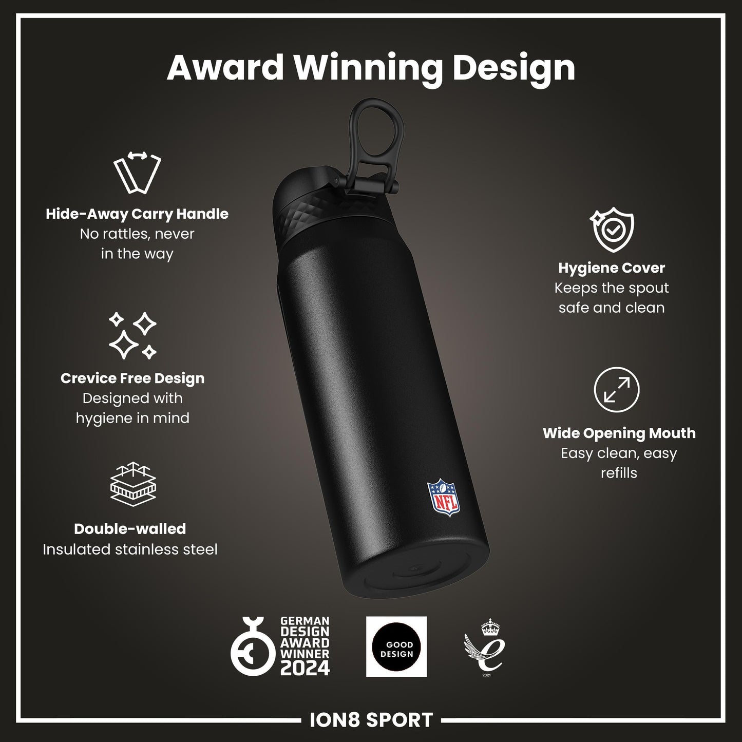 NFL x ION8 Insulated Steel Water Bottle, NFL Steelers, 750ml (24oz)
