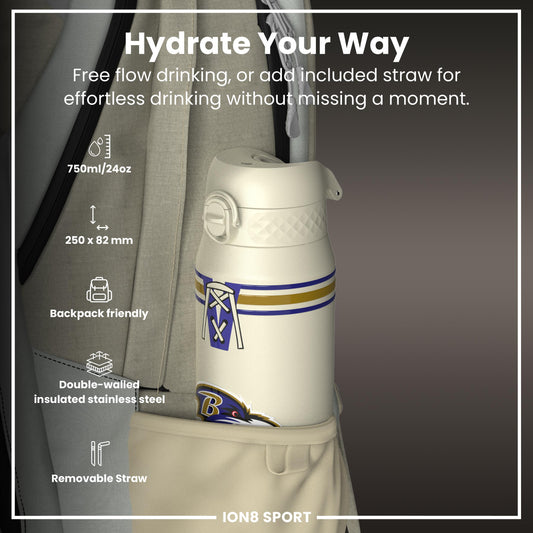 NFL x ION8 Insulated Steel Water Bottle, NFL Ravens, 750ml (24oz)