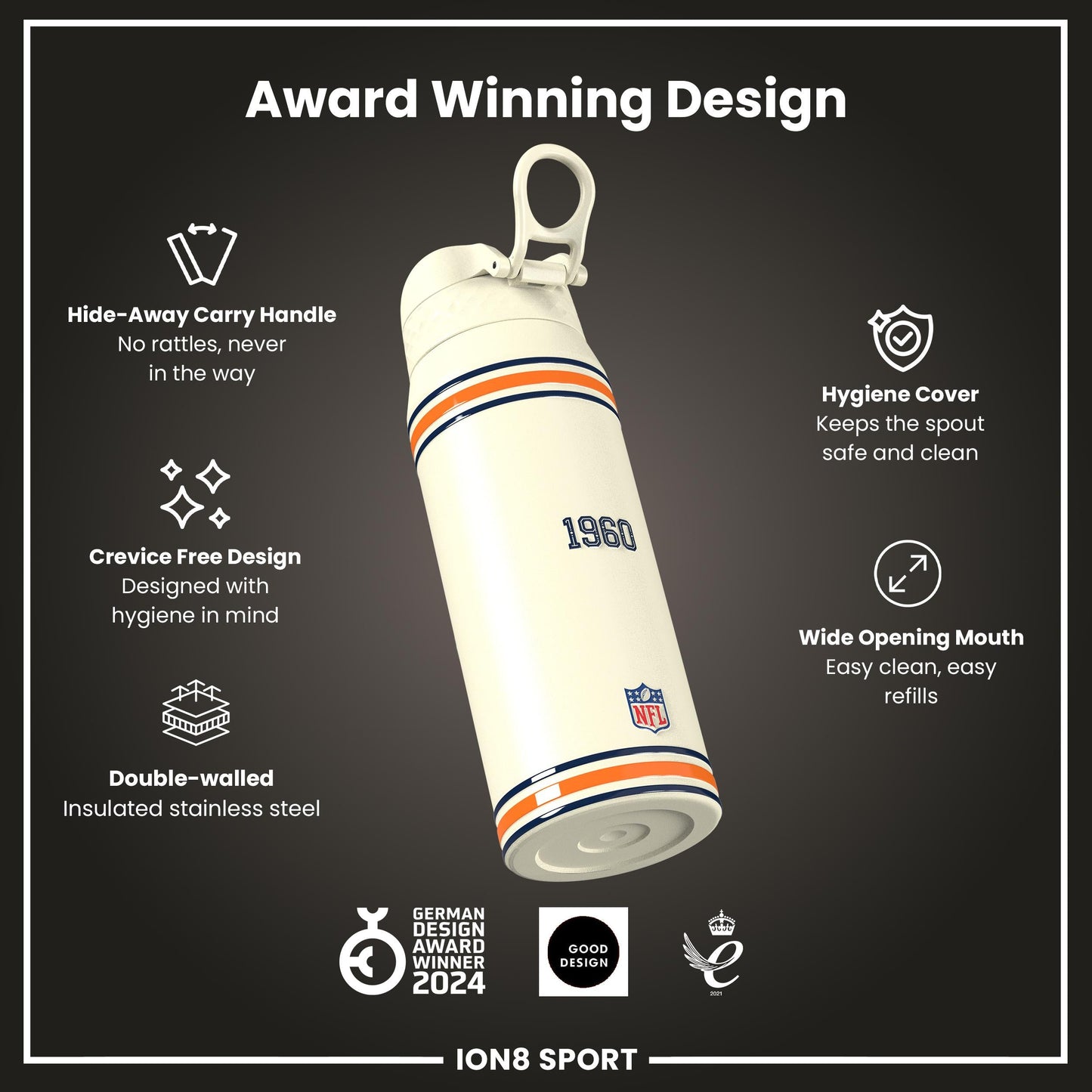 NFL x ION8 Insulated Steel Water Bottle, NFL Cowboys, 750ml (24oz)