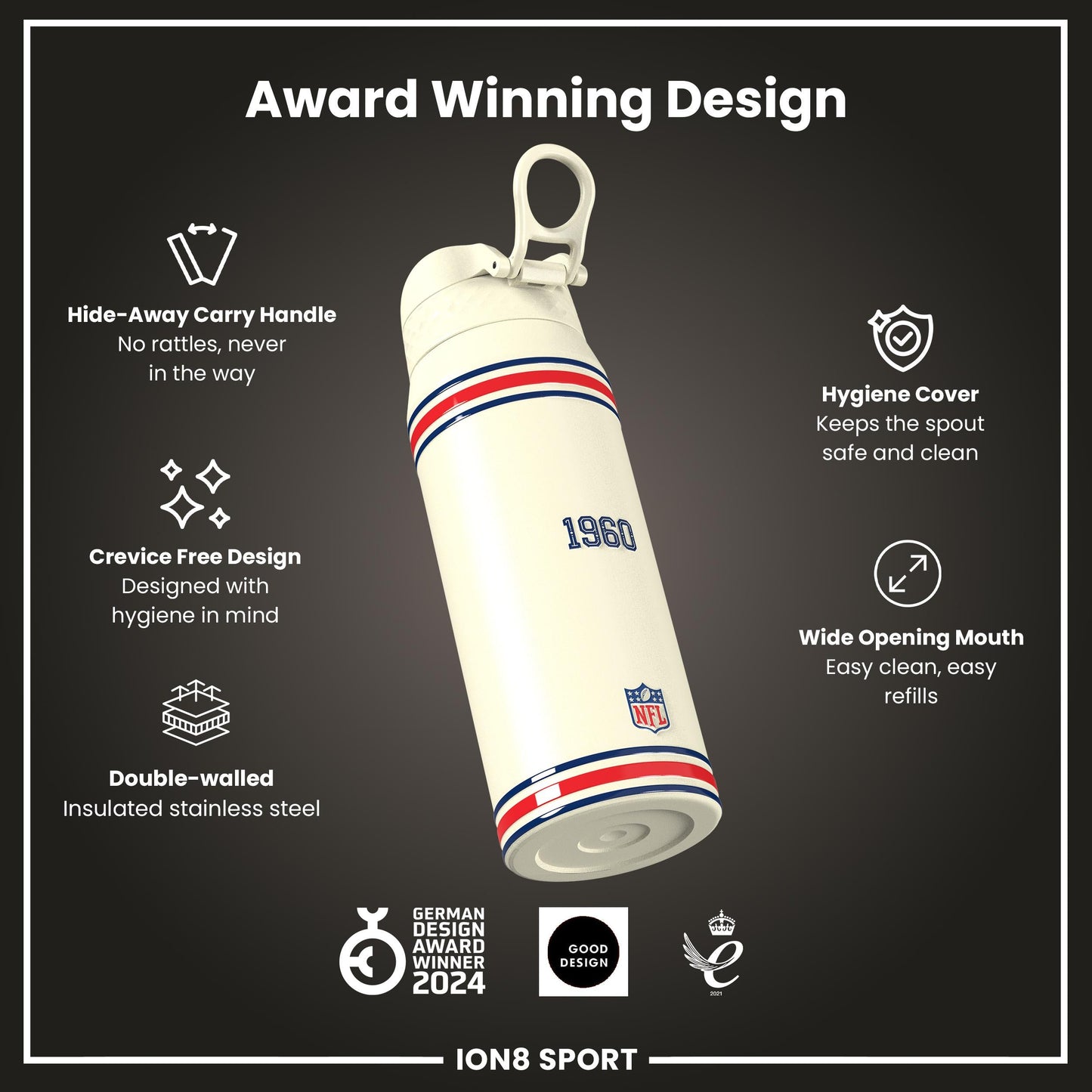 NFL x ION8 Insulated Steel Water Bottle, NFL Patriots, 750ml (24oz)