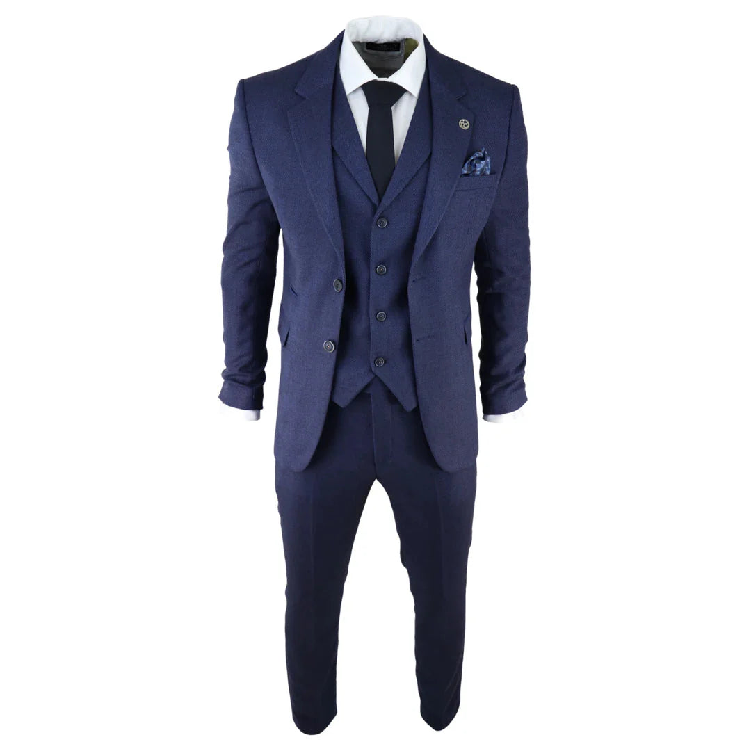 AK-04 - Men's Herringbone Tweed 3 Piece Blue Suit Wedding Blinders
