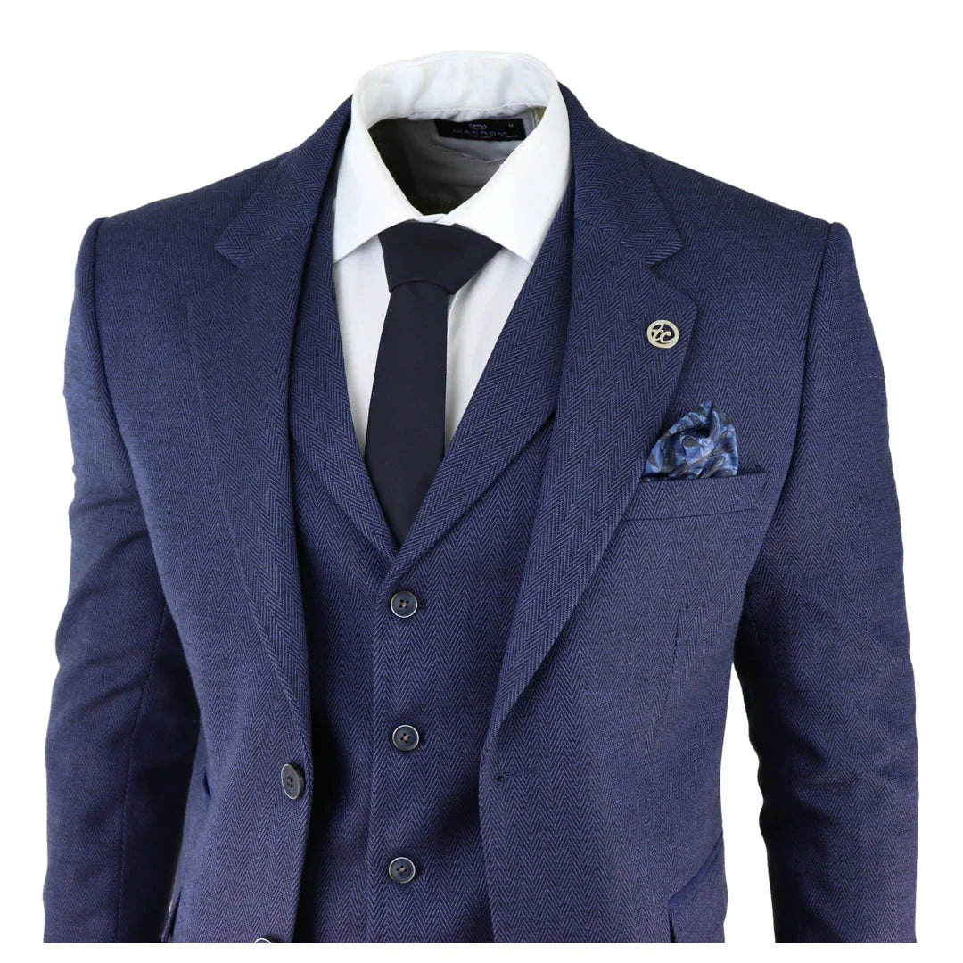 AK-04 - Men's Herringbone Tweed 3 Piece Blue Suit Wedding Blinders