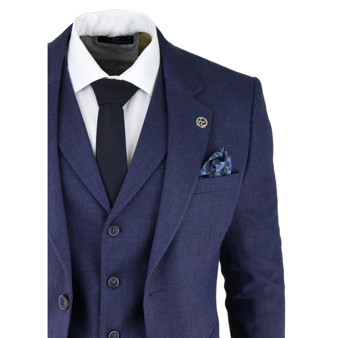 AK-04 - Men's Herringbone Tweed 3 Piece Blue Suit Wedding Blinders