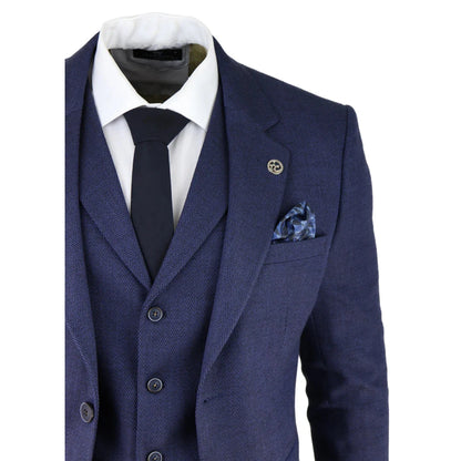 AK-04 - Men's Herringbone Tweed 3 Piece Blue Suit Wedding Blinders