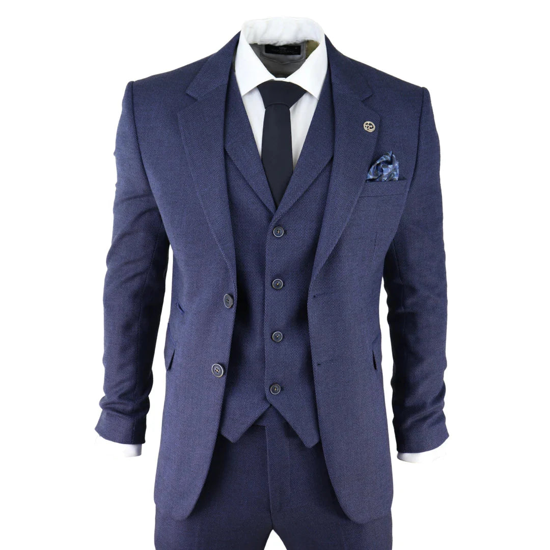 AK-04 - Men's Herringbone Tweed 3 Piece Blue Suit Wedding Blinders