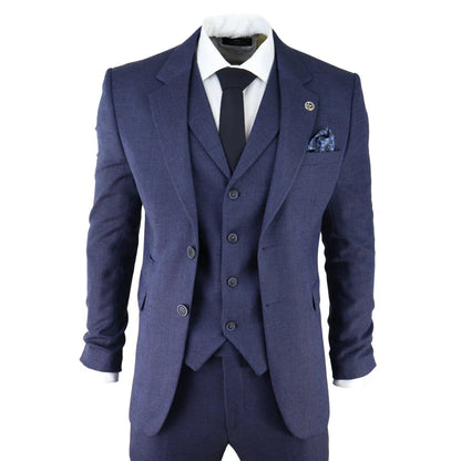 AK-04 - Men's Herringbone Tweed 3 Piece Blue Suit Wedding Blinders