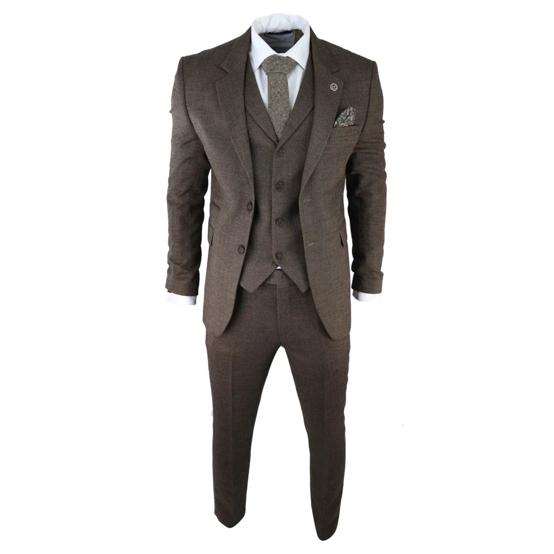 AK-06 - Men's Herringbone Tweed Brown 3 Piece Suit Wedding Blinders