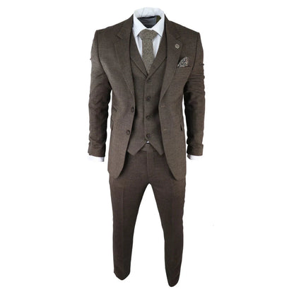 AK-06 - Men's Herringbone Tweed Brown 3 Piece Suit Wedding Blinders