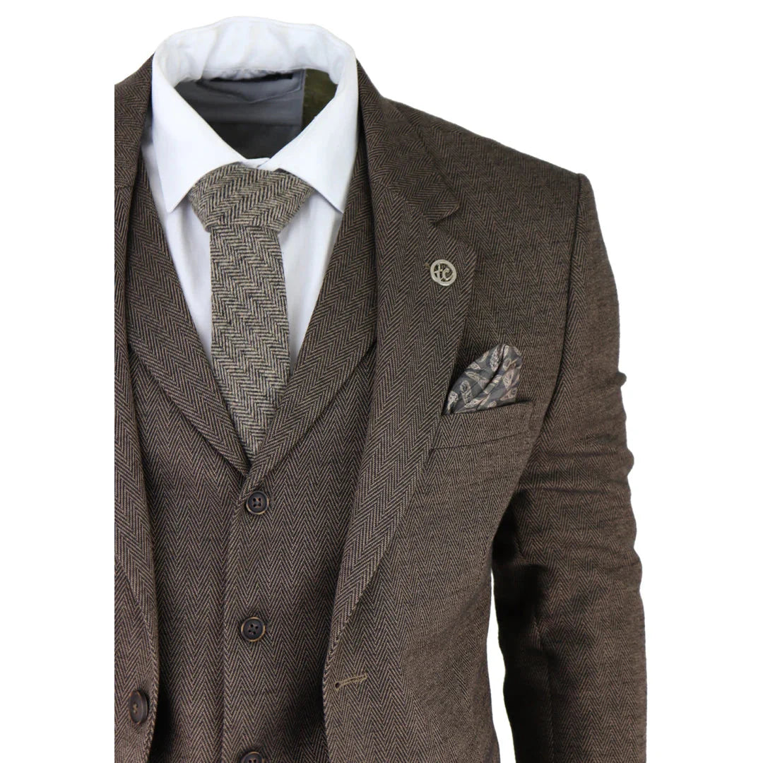 AK-06 - Men's Herringbone Tweed Brown 3 Piece Suit Wedding Blinders