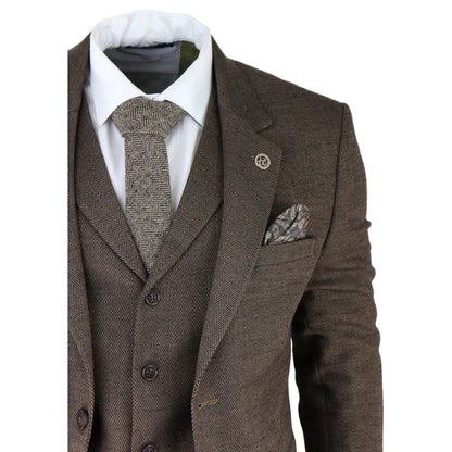 AK-06 - Men's Herringbone Tweed Brown 3 Piece Suit Wedding Blinders