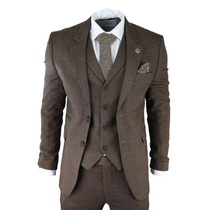 AK-06 - Men's Herringbone Tweed Brown 3 Piece Suit Wedding Blinders