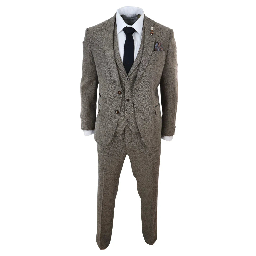 281-03 - Men's Oak 3 Piece Tweed Suit Herringbone Wool Fit