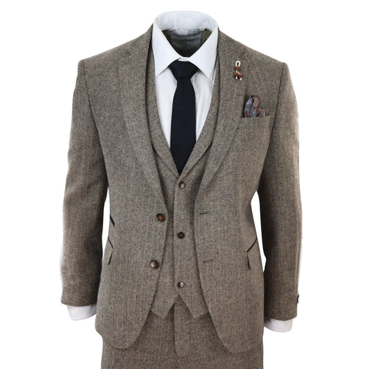 281-03 - Men's Oak 3 Piece Tweed Suit Herringbone Wool Fit
