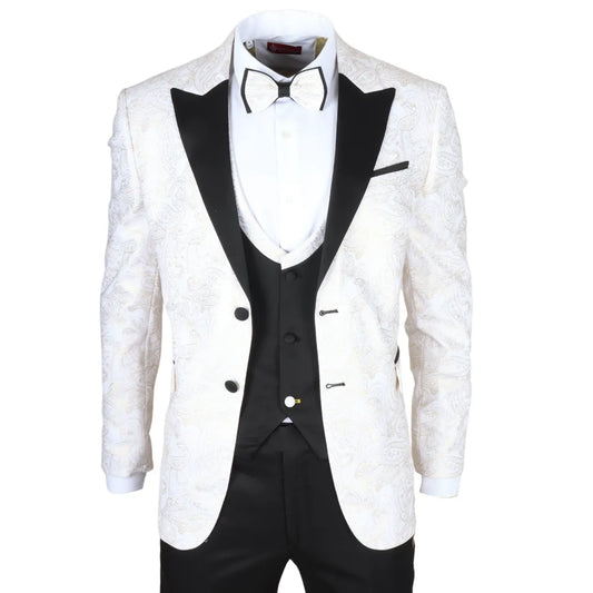 AK-29 - Men's 3 Piece White Paisley Wedding Suit